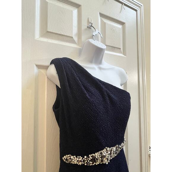 Eliza J Blue Sparkle One Shoulder Asymmetrical Neckline Gown Size 6 Gala Wedding - Picture 7 of 16